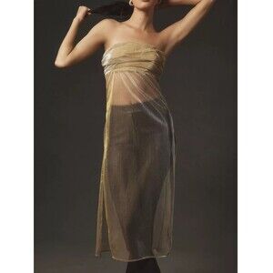 By Anthropologie Strapless Sheer Metallic Tube Tunic Top Smocked Gold M 276675